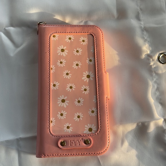 FYY Faux Leather iPhone 12 Pro Max pink daisy Wallet with wrist strap - Picture 3 of 14